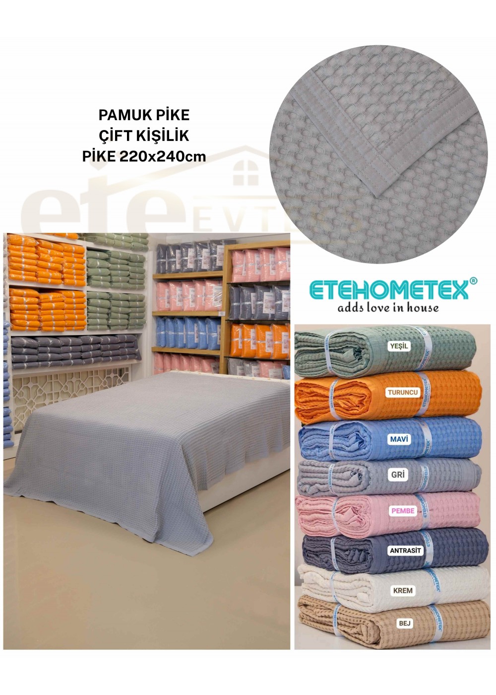 ETEHOMETEX HAVUZLU PİKE ÇİFT KİŞİLİK 220x240cm GRİ 8696474231653